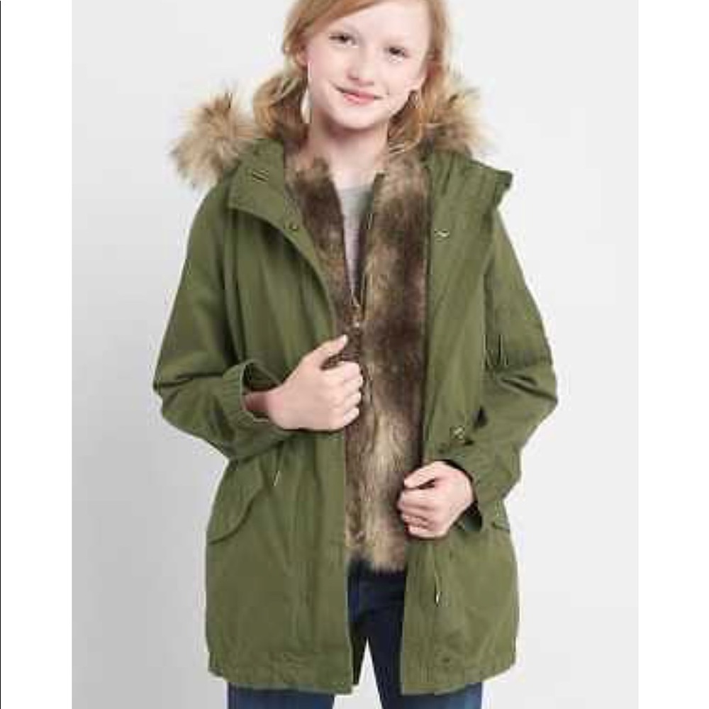 Kids Green Parka with Faux Fur Trim